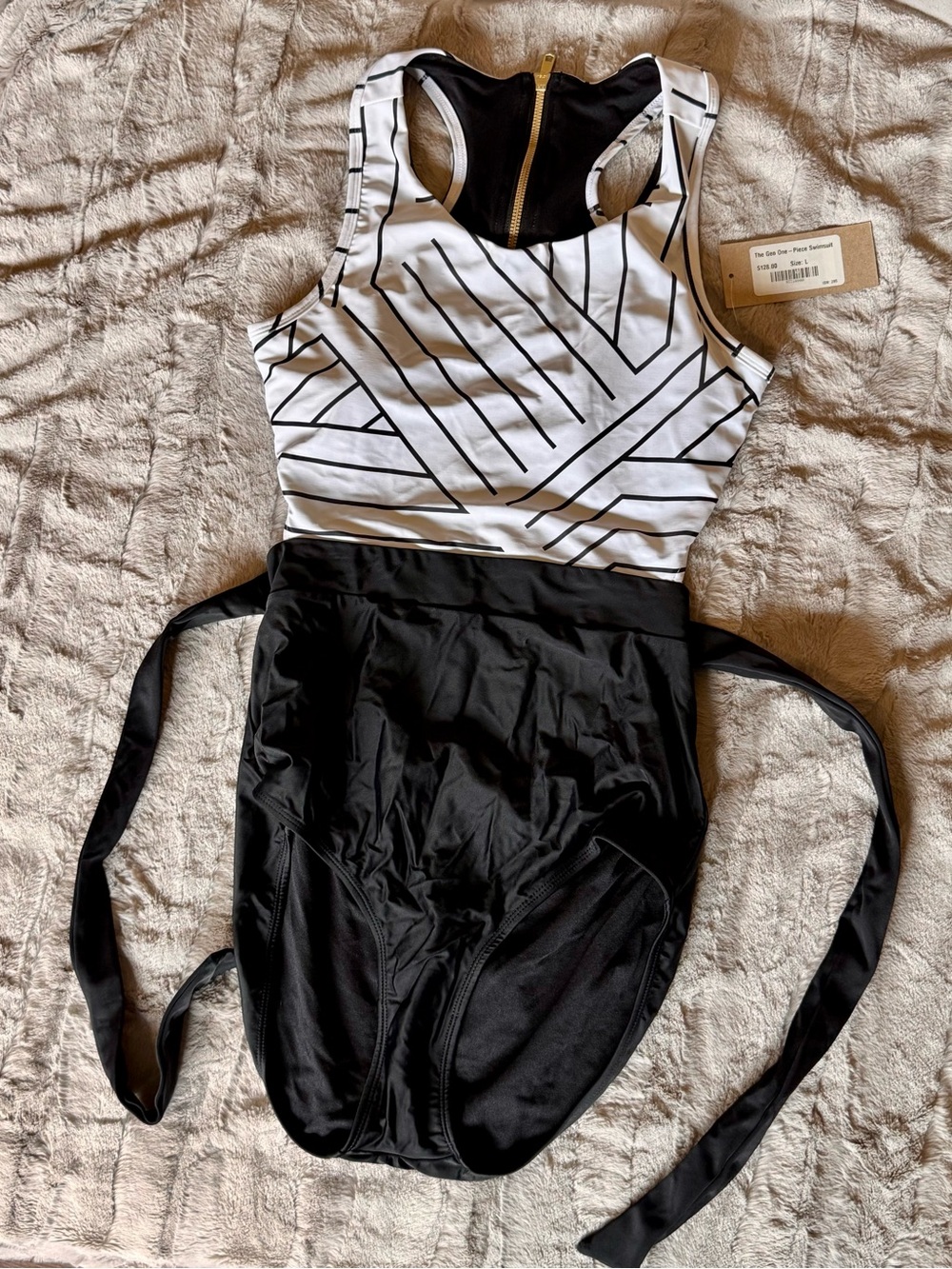 Albion Black & White Geometric One-Piece Swimsuit with Waist Ties